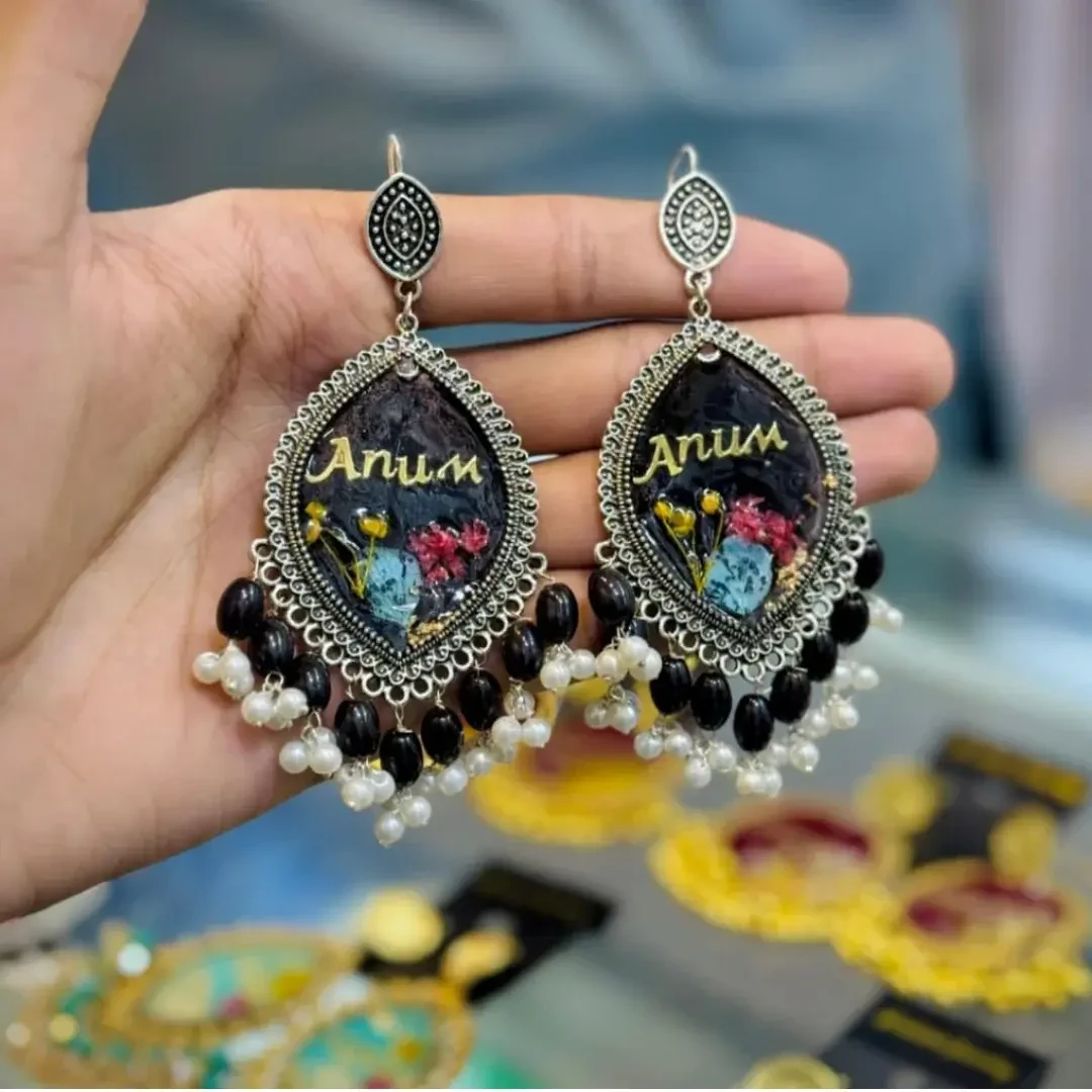 Handcrafted Resin Art Earrings with hanging pearls