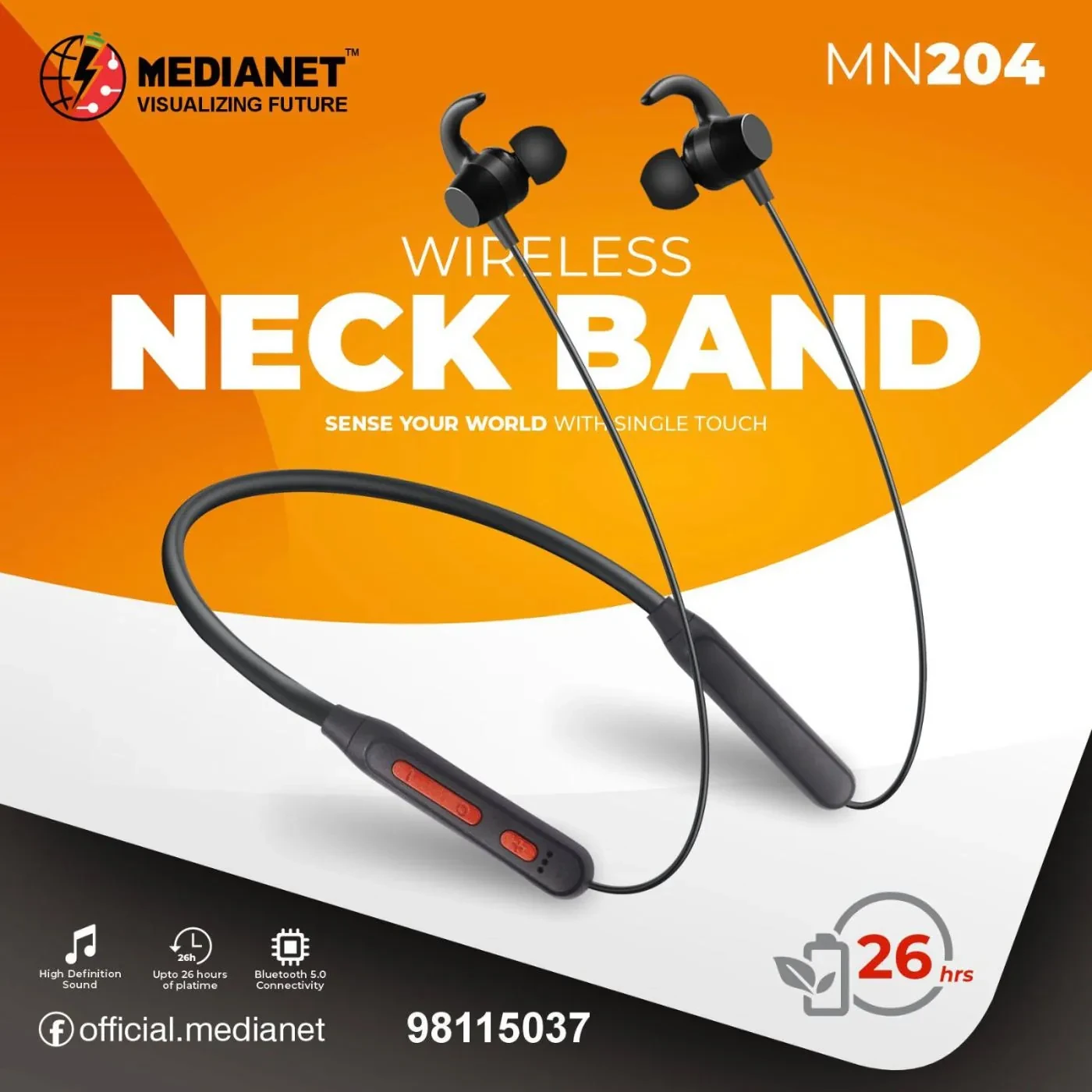 Medianet MN204 Wireless Bluetooth Neckband Earphones | 26 Hours Playtime | HD Sound | Bluetooth 5.0