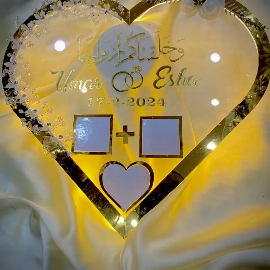 Heart Frame With Crystal Flowers With Light – Nikkah & Wedding Gift