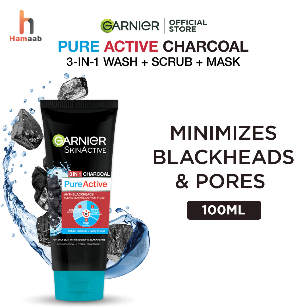Garnier Pure Active 3-in-1 Charcoal Blackhead Face Wash, Mask & Scrub – 100ml
